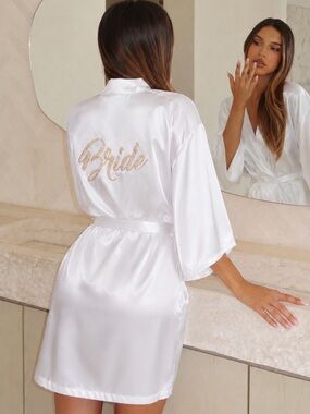 NEW Amazon White Satin 'Bride' Robe with Gold Script